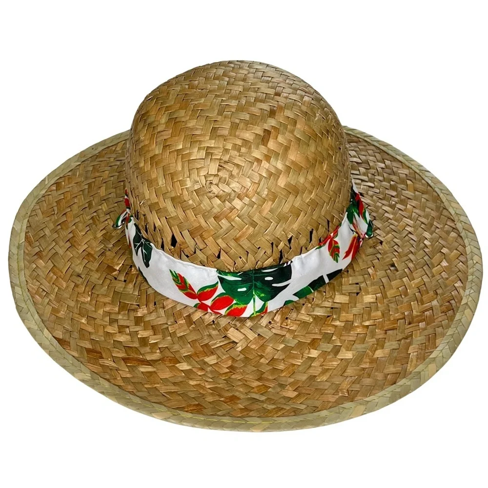 Straw Sun Hat Goldcoast Sunwear Tropical Floral Palm Leaf Band Tan White Green